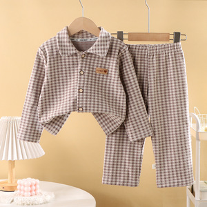 Vêtements de maison pour enfants, nouvelle collection automne/hiver, pyjamas à carreaux à col rabattu pour garçons et filles, ensemble cardigan en polaire chaud - Product Image 4
