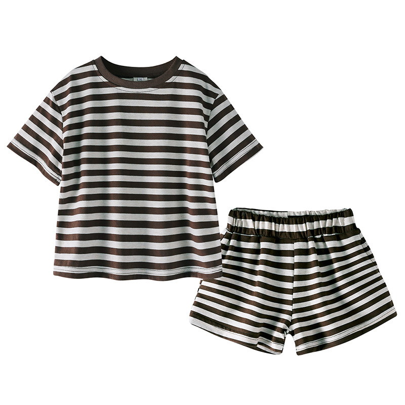 2025 Summer New Style Casual Brother Sister Clothing for Kids Boys' Short-Sleeved Shorts and Girls' Purple Striped Dress