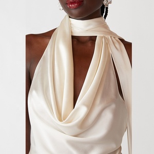 Hauts pour femmes 100% <span class=keywords><strong>soie</strong></span> col bénitier haut à licou la coupe flatteuse de l'épaule décolleté col bénitier profond mode <span class=keywords><strong>blanc</strong></span> beige hauts blouse - Product Image 2