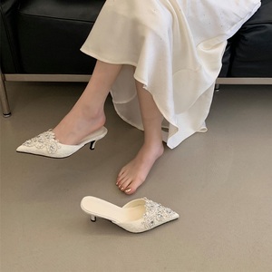 Elegant Lace <b>Kitten</b> <b>Heel</b> <b>Mules</b> Women Crystal Beaded Pointed Toe Sandals Breathable Mesh Wedding Party <b>Heels</b> - Product Image 6