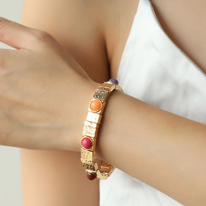 KJ Thiết Kế Đàn Hồi Khóa Mạ Vàng Vòng Đeo Tay Thiết Lập Đa Màu Đá Quý Vòng Đeo Tay Màu Ngọc Lam Mở Cuff Vòng Đeo Tay - Product Image 4