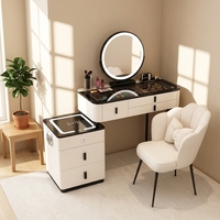 Coiffeuse moderne pliable en chêne massif avec miroir LED, station de charge sans fil, quincaillerie en acier inoxydable et tabouret pour chambre à coucher
