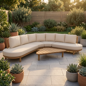 Modern Minimalist Teak Outdoor Sectional Garden Sofa <b>Set</b> with Cushions and Coffee Table for Poolside Use - Product Image 3
