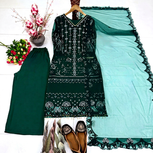 Green Embroidered <b>Kurta</b> Palazzo Dupatta Set Indian Pakistani Ethnic Wear For <b>Women</b> Party - Product Image 1