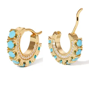 gold plated turquoise stone geometric half circle hoop earring for women jewelry