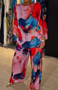 ชุดลำลอง2ชิ้นสำหรับผู้หญิงชุด2ชิ้นแฟชั่นฤดูร้อนผ้าซาตินพิมพ์ลายเสื้อคอกลมเซ็กซี่สำหรับผู้หญิง + กางเกงขายาวขากว้าง - Product Image 5