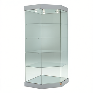 Vitrine d'angle moderne 73x73x188cm en verre trempé, 4 étagères, base gris clair avec porte à charnières verrouillable et éclairage halogène - Product Image 2