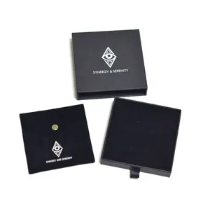 Black paper drawer box & button jewelry pouch with company silver foiled logo