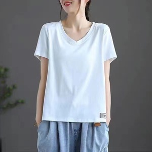 V Neck Short Sleeve T Shirt For Women Loose Fit Breathable Knitted Top Gray MMT Summer Style - Product Image 2