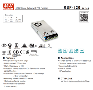 MEAN WELL RSP-320-12 320.4W 12V 26.7A 1U Low Profile AC‑DC Enclosed Power Supply Built-in Active PFC AC88‑264Vac - Product Image 2