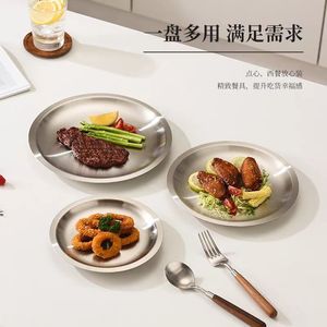 Thickened Stainless Steel Round Serving Tray Durable Commercial Tableware For <b>Barbecue</b> Dessert Western Style - Product Image 3