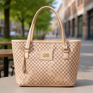 Bolso Tote para Mujer Fana Abisai M3786 Beige a Cuadros de Microfibra y Cuero Sintético para Uso Diario - Product Image 2