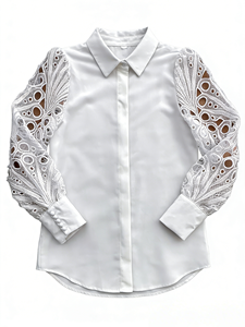 फैशन महिला ठोस रंग फीता सिलाई लंबी आस्तीन शिफॉन पॉलिएस्टर शर्ट और शर्ट - Product Image 5