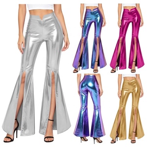 Womens Metallic Flare Pants High Waist V Notch Front Slit Bell Bottom <b>Disco</b> 70s Club Festival Party Holographic <b>Trousers</b> Custom - Product Image 1