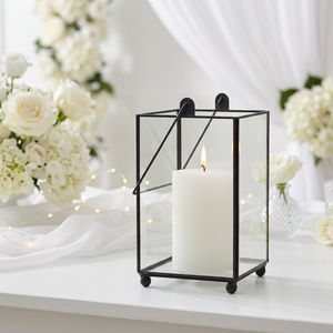 Wholesale Home and Weddings Tabletop Decorations Black Metal Glass <b>Hurricane</b> Candle Holder with Handle - Product Image 1