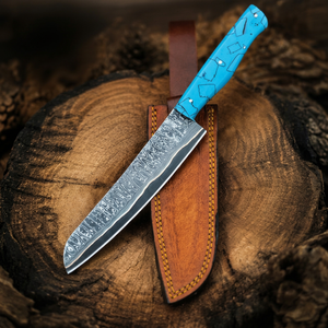 Couteau de Chef en Acier Damas, Lame en Acier Carbone, Style Industriel, Manche en Résine Bleue, Orientation Réglable de la Main, Étui en Cuir - Product Image 1