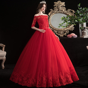Abito da <span class=keywords><strong>Sposa</strong></span> con Maniche a Tre Quarti, Allacciatura Posteriore, Scollo a Barca, Lunghezza a Terra, <span class=keywords><strong>in</strong></span> Pizzo, Bianco e <span class=keywords><strong>Rosso</strong></span> - Product Image 3