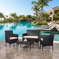 Ensemble de conversation de patio moderne en rotin tressé et fer, style américain, 4 pièces, avec banc rembourré imperméable, personnalisable pour l'extérieur