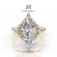 Bague Solitaire Halo Sunburst en Argent Sterling 925 Plaqué Or 14 carats avec Moissanite 3 carats Taille Marquise Couleur D VVS1 Effet Givré, Collection Joaillerie Fine