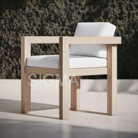 Moderner Outdoor-Teakholz-Sessel mit Weißem Kissen Luxuriöser Garten-Terrassen-Loungesessel Minimalistischer Rahmen für Villa und Poolbereich