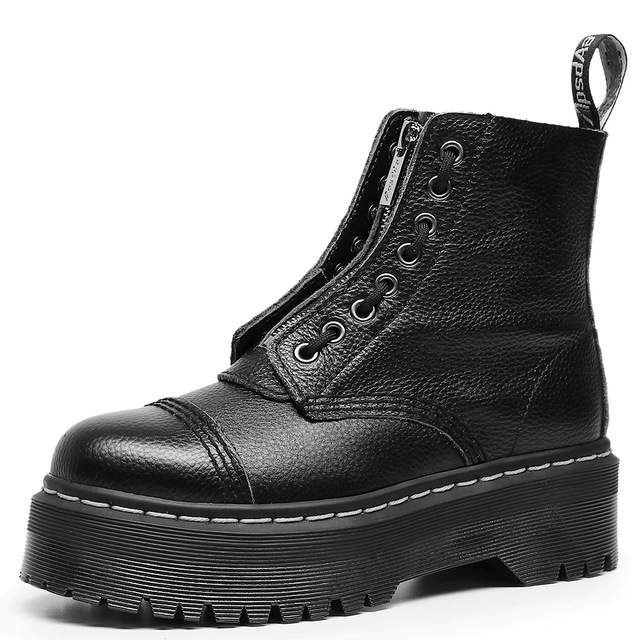 Fashion Women's Platform Mid-Calf Boots Plus Size Cow Genuine Leather Women Chunky Shoes Ladies Ankle Midi Boots College Style