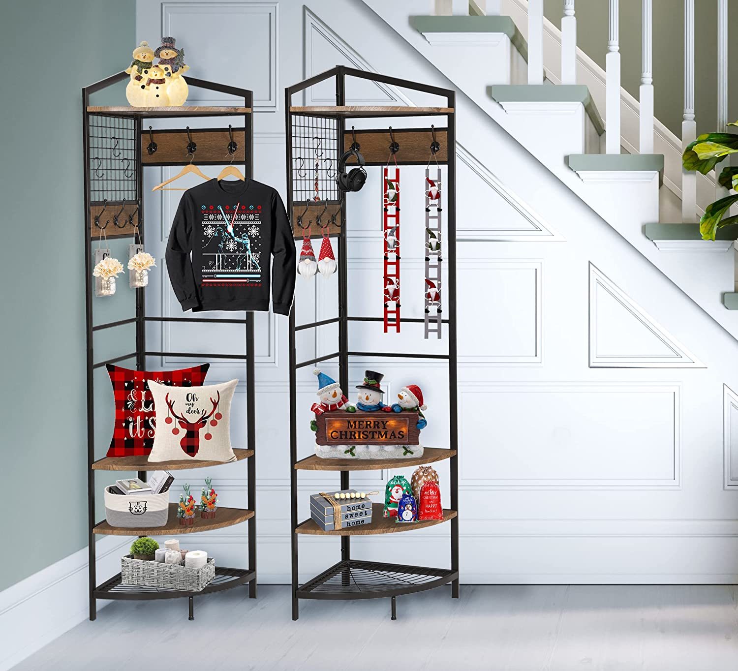 HIDODO Corner Hall Tree - Coat & Shoe Rack With Storage Shelf, Freestanding Entryway Organizer (Brown)