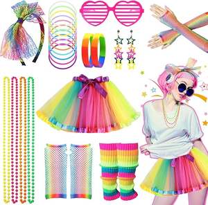 Jaren 80 Verkleedkleding Regenboog Kostuum Accessoires Set Tutu Rok Been Warmer Visnet Handschoenen Bril Oorbellen Ketting Hoofdband - Product Image 1
