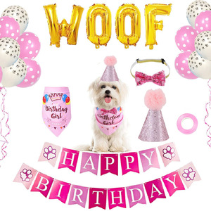 Paquet de ballons rose bleu chien joyeux anniversaire woof lettre chapeau de fête pour animaux de compagnie <span class=keywords><strong>serviette</strong></span> de salive - Product Image 1