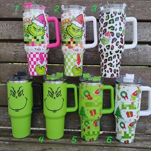 Vasos Térmicos de Acero Inoxidable de Doble Pared con Aislamiento al Vacío de 40oz, 6 Colores, Diseño <span class=keywords><strong>Grinch</strong></span> de Feliz Navidad, Verdes con Asa y Pajita, Taza de Oficina - Product Image 1
