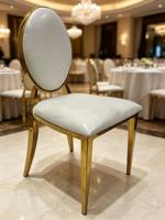 Chaise de banquet ovale dorée avec dossier, en similicuir blanc, en acier inoxydable poli, pour mariage, hôtel, restaurant, salle à manger