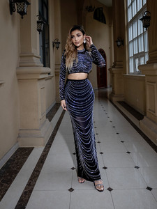 Women's Dress Set Sexy <strong>See</strong> <strong>Though</strong> Mesh Diamonds Beading <strong>Top</strong> + High Waist Long Skirt Suit Nightclub Party Outfits 2 Piece Sets - Product Image 2
