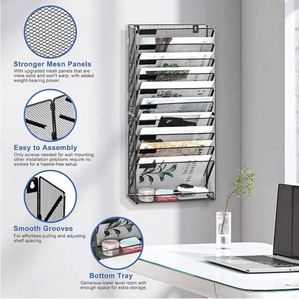 Wall <b>File</b> Holder 10 Tier Mesh Hanging Folder Organizer with Flat Tray Wall Mounted Mail Organizer Magazine Paper Desk Shelf - Product Image 5