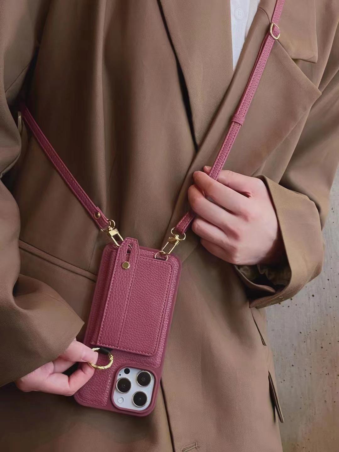 Vin rouge-PU carte sac téléphone cas avec lanière