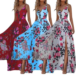 summer 2024 women ladies holiday vacation boho bohemian casual white floral print maxi long split dress free shipping for women