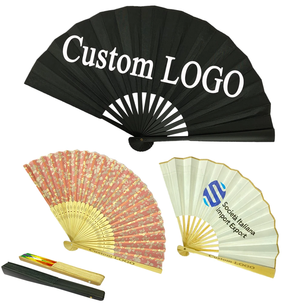 Logo artistico stampato personalizzato Handfan favore tessuto carta di bambù in legno ventaglio pieghevole personalizzato pieghevole per la promozione del matrimonio