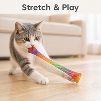 Jouet à mâcher pour chat écologique en nylon extensible arc-en-ciel, tube de jeu en maille élastique à motif de dessin animé pour le jeu