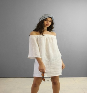 Simplee — robe mi-longue en lin, épaules dénudées, manches 3/4, tenue de plage élégante, style Boho, pour les vacances d'été - Product Image 1