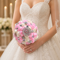 Buket Pengantin Mawar Satin Mutiara Kristal Vintage Buatan Tangan, Bunga Tangan Pernikahan, Hadiah Pernikahan, Buket Pernikahan Buatan