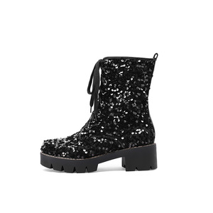 Novíssimas Botas Curtas Femininas de Salto Alto com Cadarço e Lantejoulas, Moda Outono/Inverno, Salto de 9cm, Palmilha de Madeira, Elegantes, Atacado de Fábrica - Product Image 3