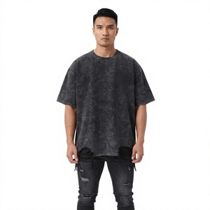 T-shirt en coton jersey sérigraphié uni pour homme, coupe oversize, délavé, vintage, manches courtes, col rond, respirant, style streetwear - Product Image 1