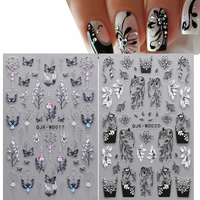 Décor d'ongle fleurs foncées feuilles décalcomanies d'ongle 5D papillon en relief Nail Art autocollant pour manucure