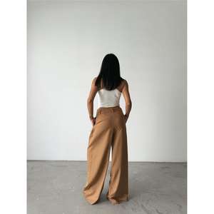 Pantalon palazzo à jambes larges, taille haute, en tissu crêpe, anti-rides, beige, pour femmes - Product Image 1