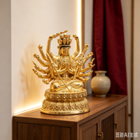 Statue de Guanyin à mille bras sur base en laiton, sculpture de Bouddha plaquée or véritable 24 carats faite à la main pour la décoration d'autels de temples et de maisons
