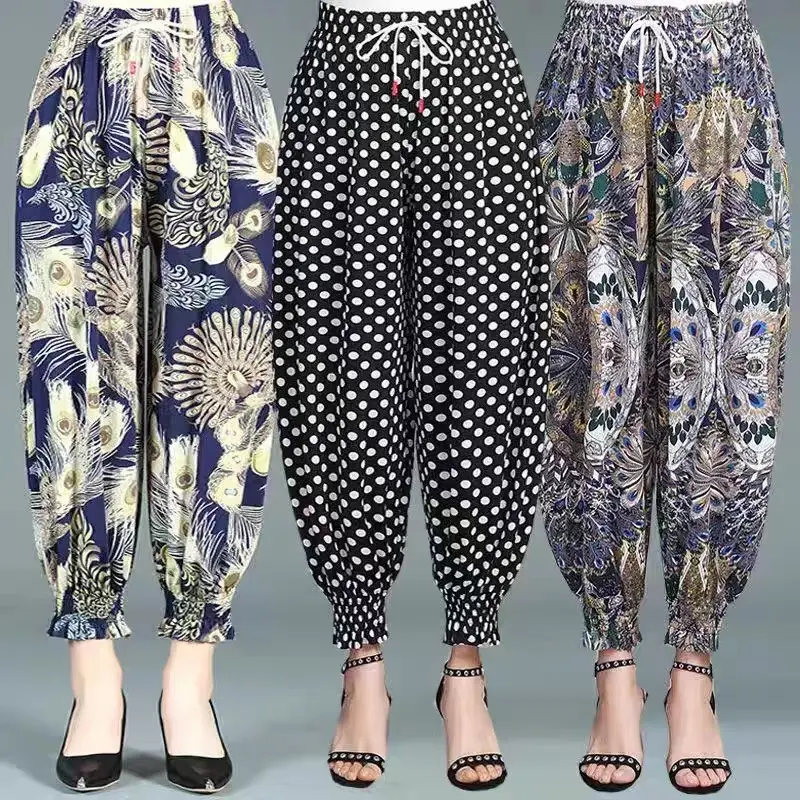 Abbigliamento a buon mercato all'ingrosso estate allentata pittura a inchiostro con lacci pantaloni Casual Tie-dye Ice Silk Printed Harem Pants Women