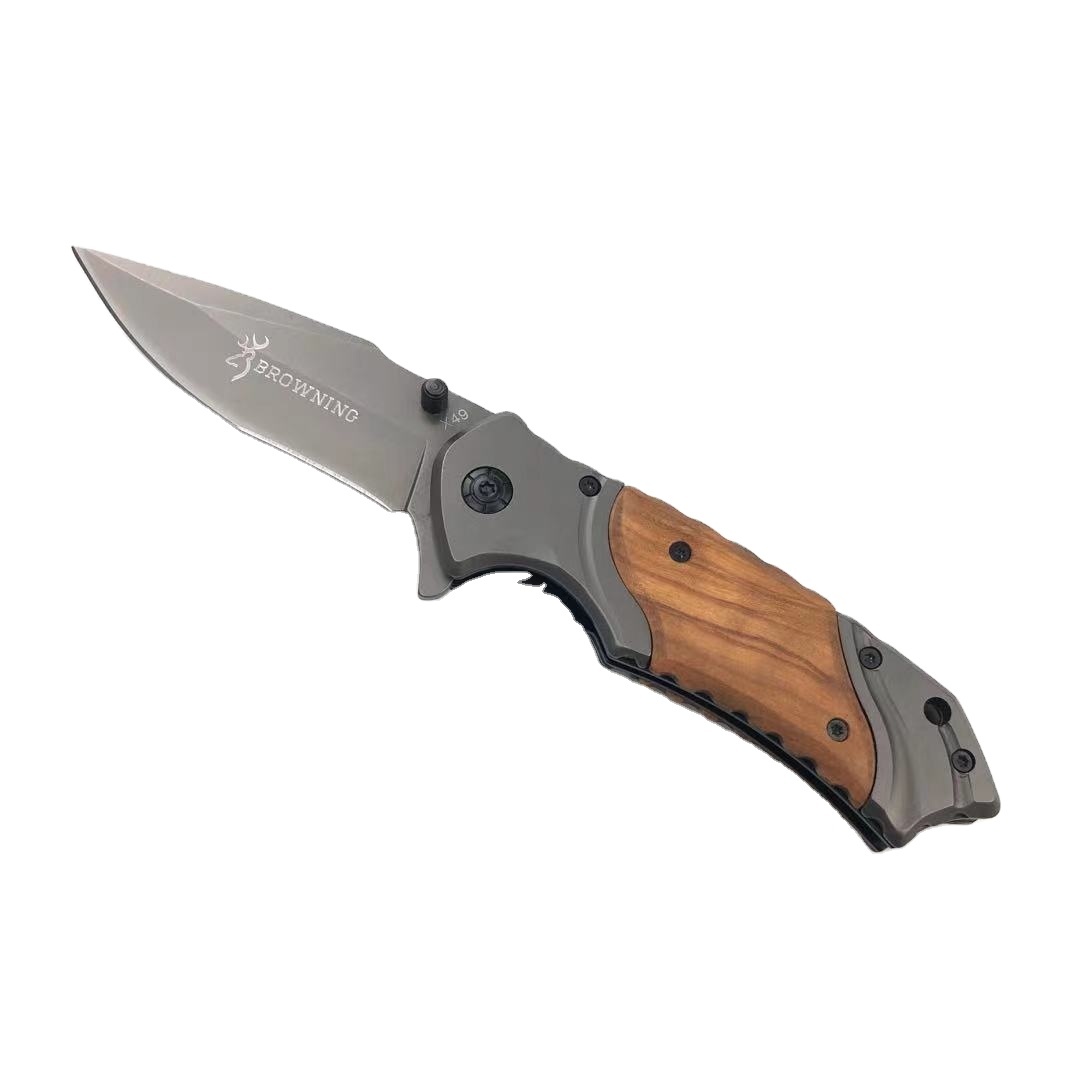 Titanium gray wood handle quick opening camping survival folding blade knives tactical pocket knife