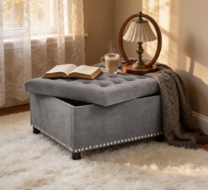 Modern Fabric <b>Storage</b> Ottoman Square Upholstered Footstool <b>with</b> Nailhead Trim Coffee Table for Bedroom - Product Image 2