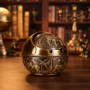 Cendrier de bureau rond en laiton vintage avec motif éléphant et palmier pour la décoration de la maison - Product Image 3
