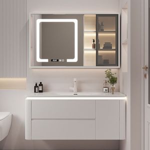 Mueble <span class=keywords><strong>de</strong></span> <span class=keywords><strong>Baño</strong></span> Integrado <span class=keywords><strong>de</strong></span> Cerámica Color Crema con Lavabo <span class=keywords><strong>de</strong></span> <span class=keywords><strong>Vidrio</strong></span>, Lavabo y Mueble <span class=keywords><strong>de</strong></span> Lavabo Simple e Inteligente - Product Image 4
