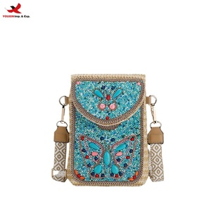 Sac bandoulière carré pour téléphone en perles de riz style bohème, avec coquillage exquis et paille, Prêt à expédier, Commande mixte en gros - Product Image 1