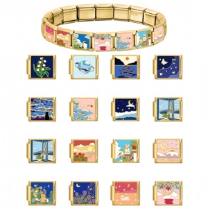 Bracelet à Breloques Italien en Acier Inoxydable 9mm, Motifs Chat, Fleur, Mer, Doré, Vente en Gros, Bijoux de Mode, Cadeau DIY - Product Image 1